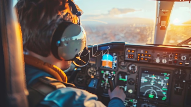 Piloto e copiloto na cabine da aeronave discutindo rotas de voo ecológicas para redução de emissões