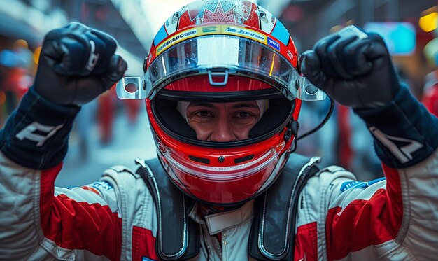 Piloto de un equipo de carreras de Fórmula Uno celebrando la victoria en una pista deportiva