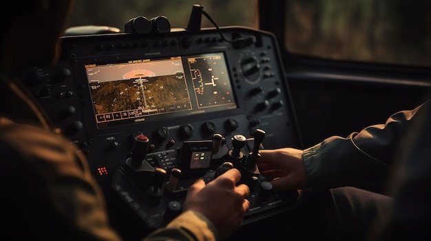 un piloto está en la cabina de un avión con los controles en alto