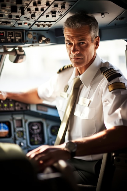 Piloto experiente na verificação dos instrumentos da cabine de pilotagem antes da decolagem