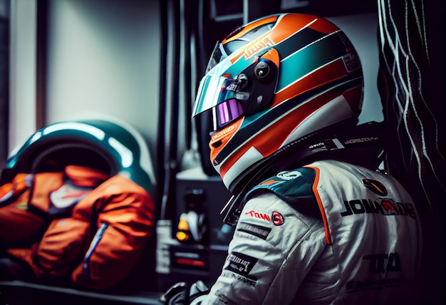 Piloto de F1 dentro de su coche con el casco y el traje de competición preparado para la carrera Generar Ai