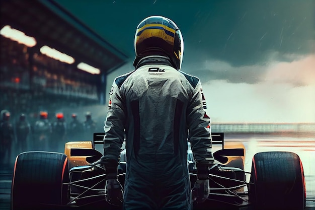 Piloto de F1 esperando que comience la carrera Concepto de póster de Fórmula 1 Generative Ai