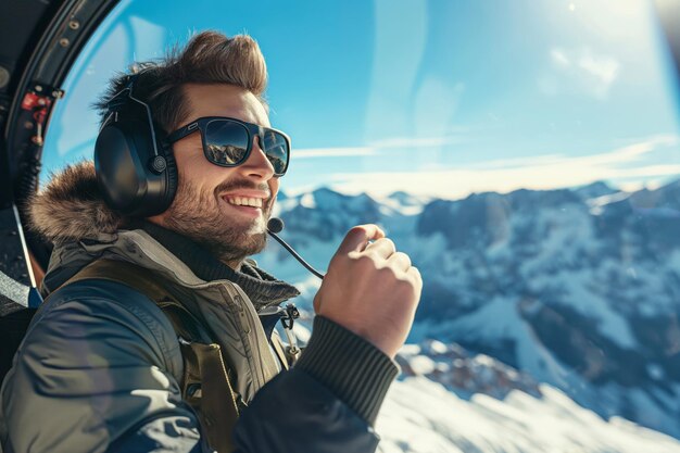 Piloto feliz con auriculares disfrutando de la vista desde la cabina de un helicóptero en las montañas