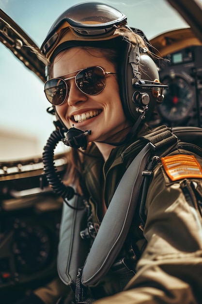 Foto piloto feminino emocionado dentro da aeronave militar