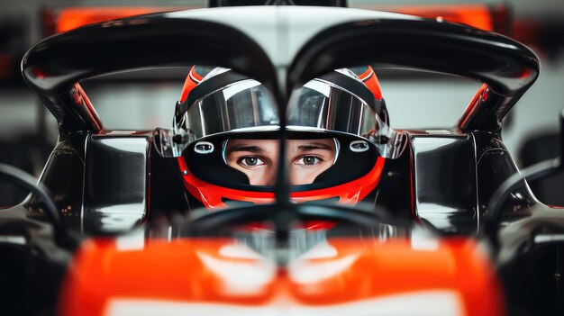 Foto un piloto de fórmula con un casco antes del comienzo de la carrera