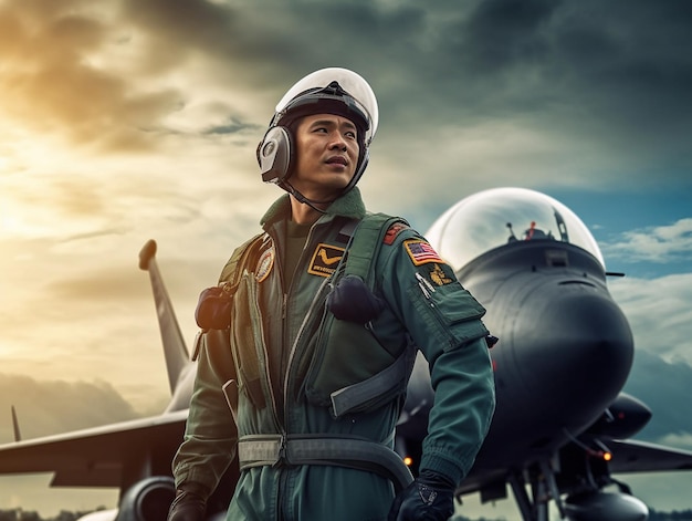 un piloto se para frente a un avión de combate.