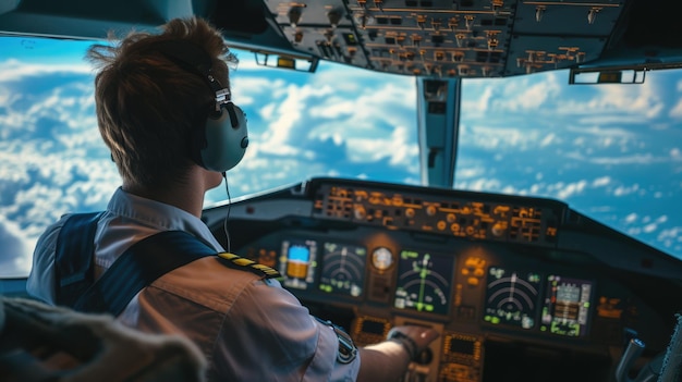 Foto piloto inteligente sentado en el avión y mirando el panel de control en vuelo