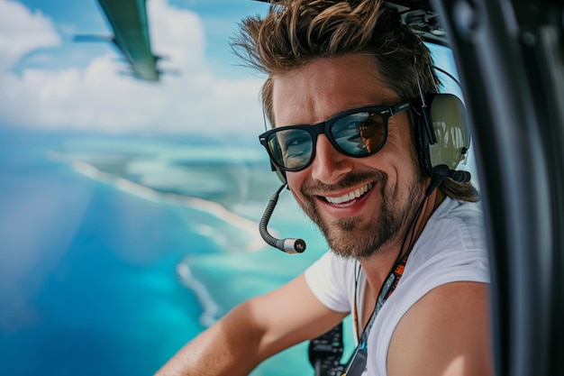 Piloto masculino alegre com óculos de sol sorrindo enquanto voa um helicóptero sobre uma costa cênica