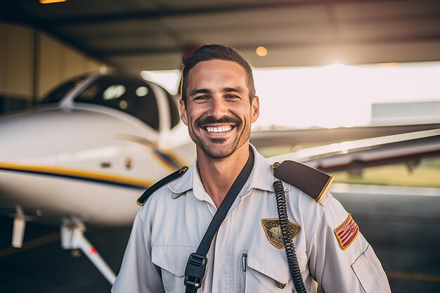 Piloto masculino sonriente parado frente a un avión con IA generativa