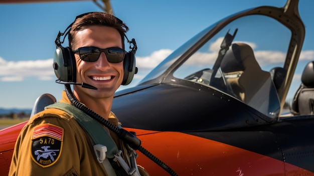 Piloto militar fica na frente de um avião de combate