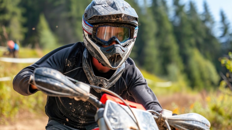 Foto un piloto navega por un desafiante sendero forestal en una bicicleta de tierra mostrando habilidad y velocidad en las carreras de motocross la escena es vibrante con la luz del sol filtrándose a través de los árboles