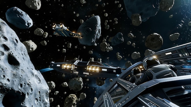 Piloto orbital volando en el espacio dirigiendo su nave espacial a través de la habilidad de precisión del campo de asteroides