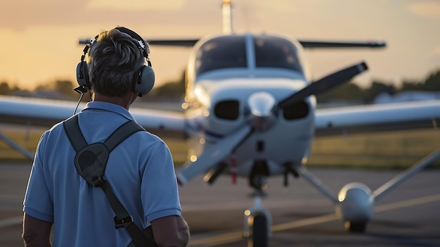 Foto un piloto está de pie frente a su avión preparándose para despegar.