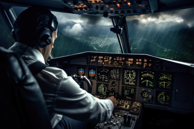 Foto un piloto está pilotando un avión vista desde el interior de la cabina