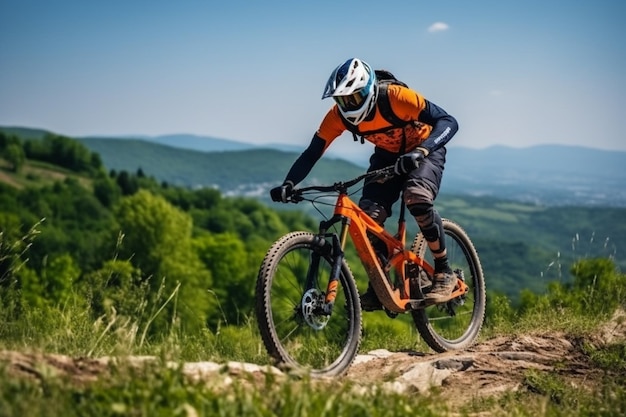 Piloto profissional de bicicleta mtb saltando durante descida em sua bicicleta nas montanhas