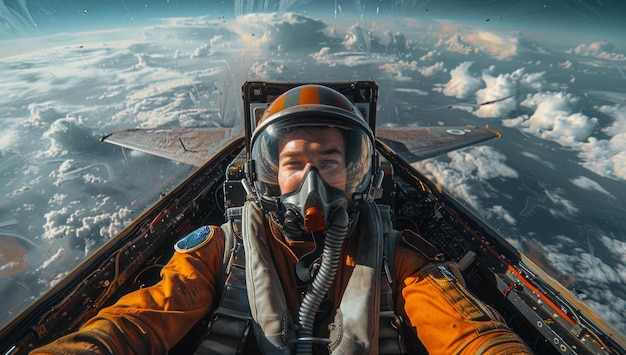 Foto el piloto se sienta en la cabina de un avión de combate y se toma una selfie