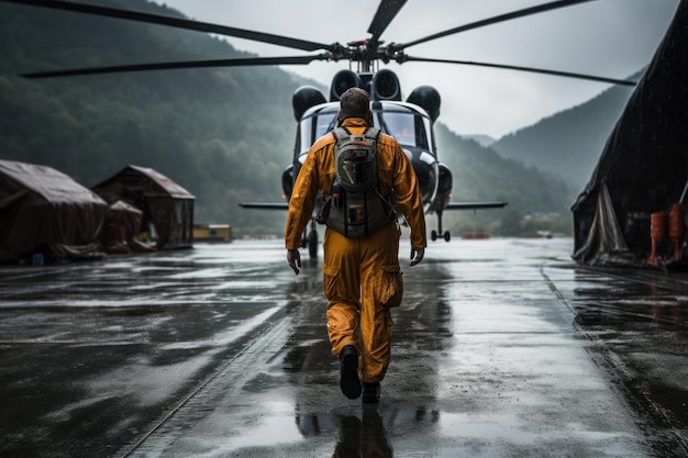 Un piloto con todo el equipo camina hacia un helicóptero listo para embarcarse en una audaz misión de rescate.