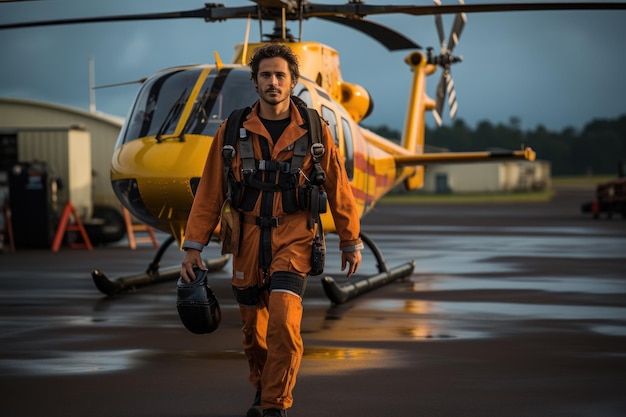 Un piloto con todo el equipo camina hacia un helicóptero listo para embarcarse en una audaz misión de rescate.