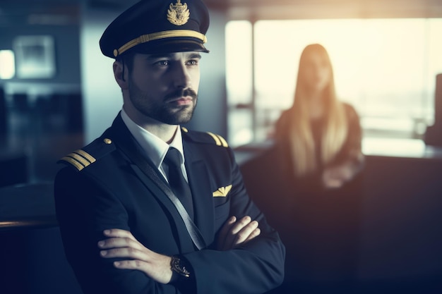 Un piloto con uniforme de capitán en un entorno de aeropuerto interior IA generativa AIG21