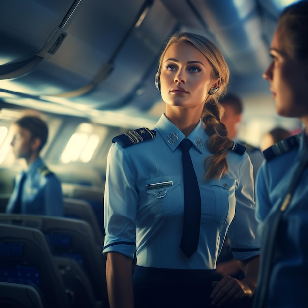 Foto una piloto con uniforme y una mujer atrás.