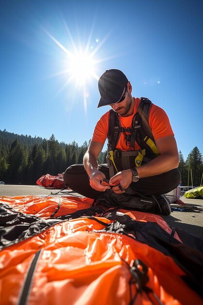 piloto verificando as linhas dos parapente para se certificar de que estão intactas e alinhadas chamonix haute savoie