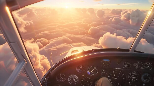 Foto un piloto volando un pequeño avión a través de las nubes el sol está brillando y las nubes son esponjosas y blancas