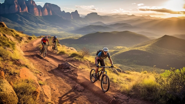 Pilotos do sexo masculino andam de mountain bike em penhascos íngremes usando generative ai