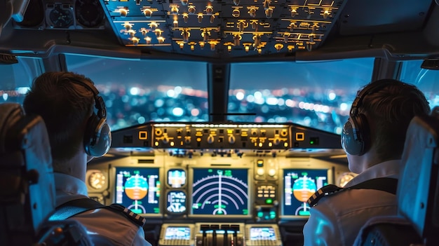Foto pilotos que planejam rotas de voo ecológicas para reduzir as emissões na cabine do avião