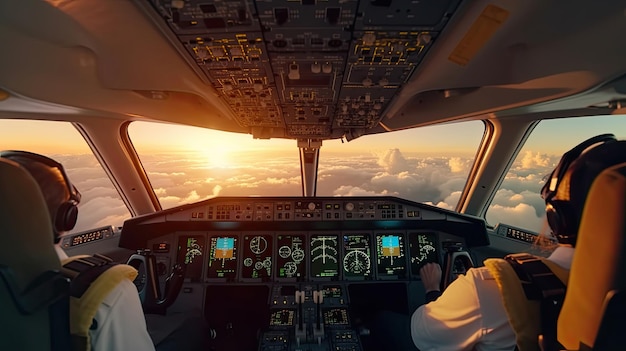 Los pilotos vuelan el avión Vista desde la cabina de un moderno avión de pasajeros en las nubes detrás de la ventana del avión Generative Ai