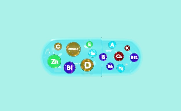 Foto pílula de cápsula 3d com multivitaminas protege sua saúde as vitaminas que seu corpo precisa isoladas em fundo verde ilustração de renderização 3d