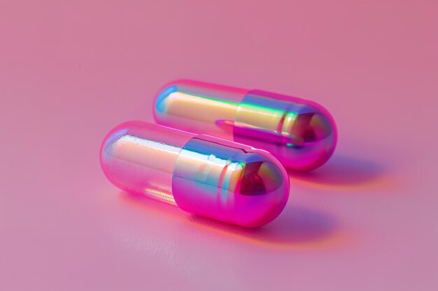Pílula mágica con dos píldoras iridescentes sobre un fondo rosado Generativo Ai