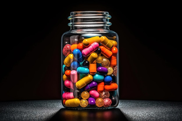 Pílula multicolorida em frasco fundo escuro cápsula de remédios remédios para cuidados de saúde