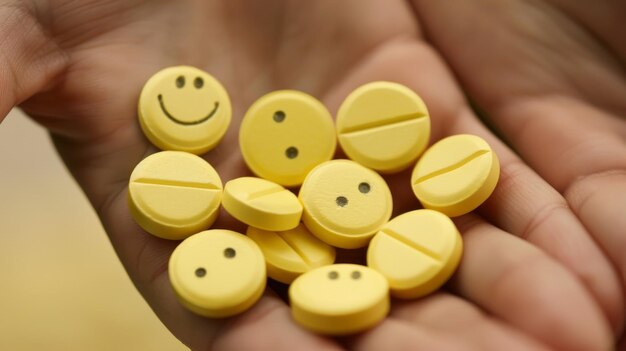 Pílulas amarelas com rosto sorridente conceito de medicina