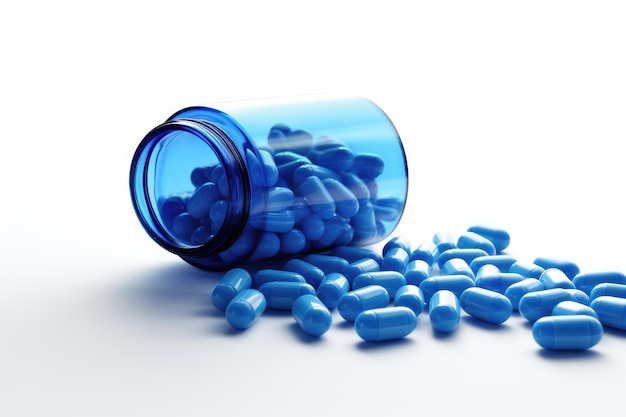 Pílulas azuis com garrafa em fundo branco Pílulas de remédio digital ai