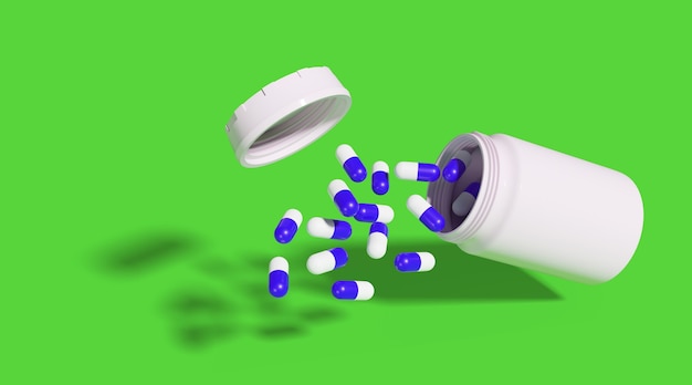 Pílulas azuis e brancas derramando-se do frasco de comprimidos isolado sobre fundo verde.