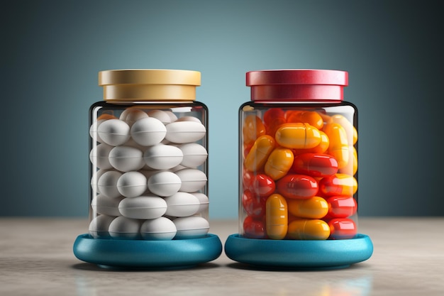 Pílulas coloridas em frascos de vidro na mesa renderização 3D