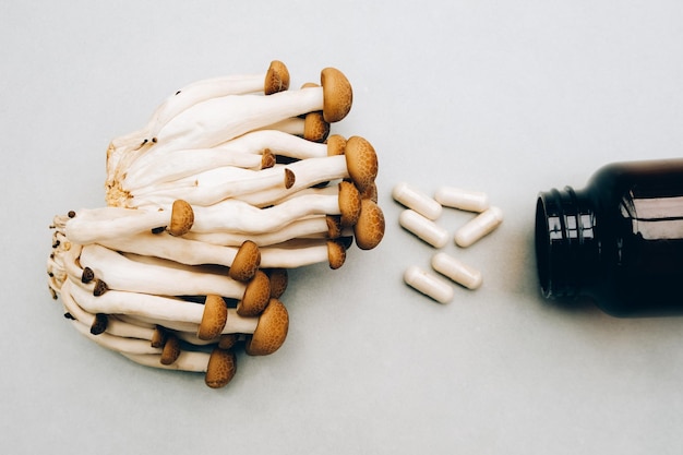 Pílulas de cogumelos shiitaki medicinais e frasco em fundo branco