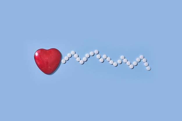 Pílulas de conceito de saúde e farmácia de medicina e de drogas em forma de coração e ritmos cardíacos