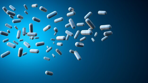 Pílulas de medicação azuis caindo em fundo azul Antibacterial