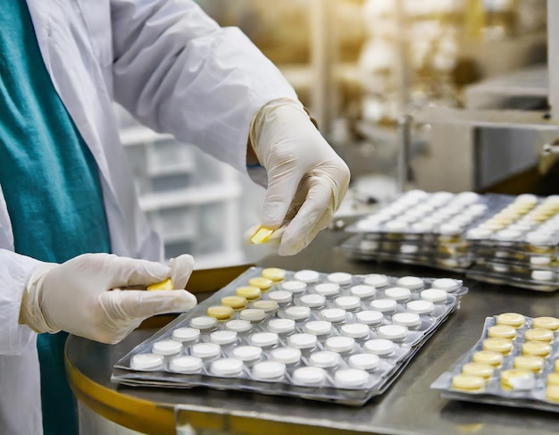 Foto pílulas durante a produção e embalagem nos trabalhadores de laboratório com luvas brancas