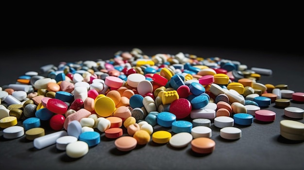 Pílulas e medicamentos diferentes em uma ilustração de IA generativa de fundo preto