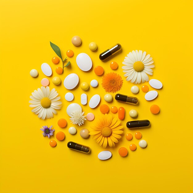 Foto pílulas e vitaminas em fundo amarelo