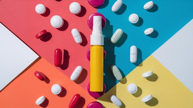 Foto pílulas planas de colores con spray nasal