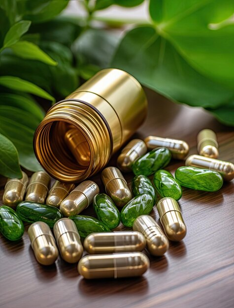 Foto pílulas variadas em folhas verdes conceito de saúde e indústria farmacêutica