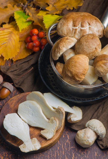 Pilz Boletus edulis über hölzernem Hintergrund