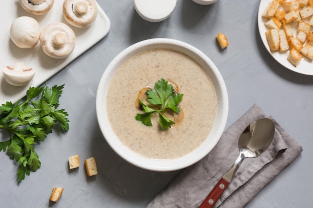 Pilz-champignon-suppe mit toast auf grauem tisch ansicht von oben