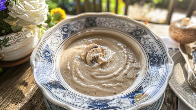 Pilzcreme-Suppe, die auf einem Tisch im Garten serviert wird