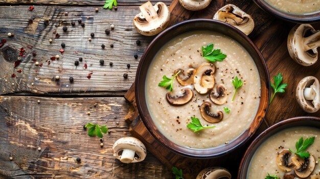 Pilzcreme-Suppe in Keramikschüsseln auf einem rustikalen Holztisch