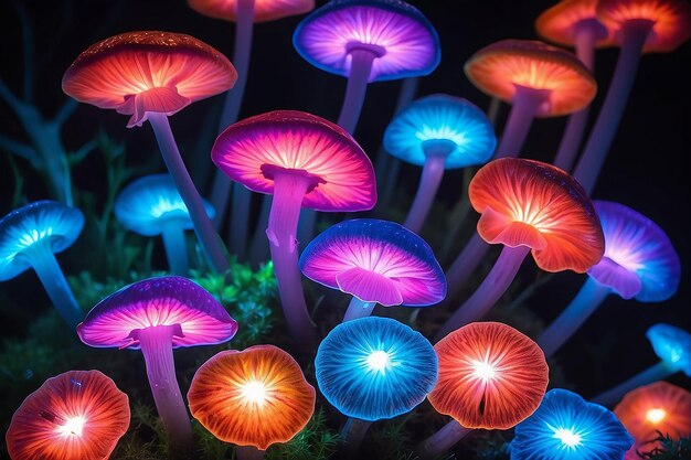 Foto pilze, die mit intensiven, farbenfrohen lichtern gesehen werden