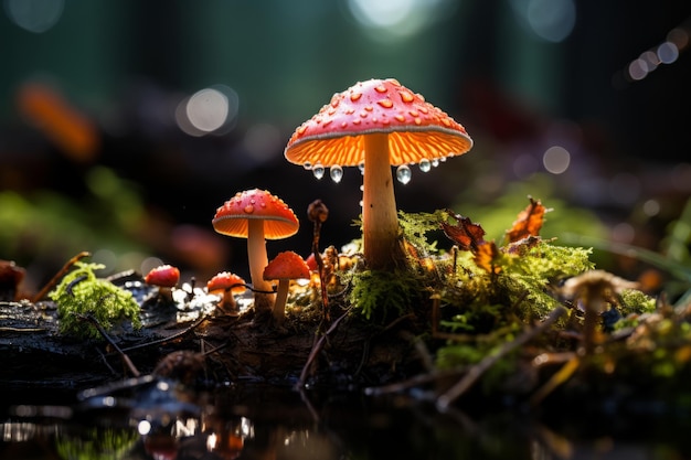 Pilze im Wald mit Wassertropfen darauf